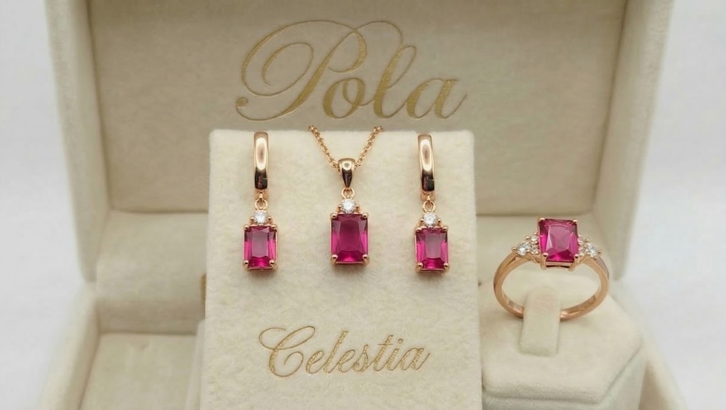 Biżuteria różowe złoto - zestaw z rubinem laboratoryjnym kolekcja Celestia