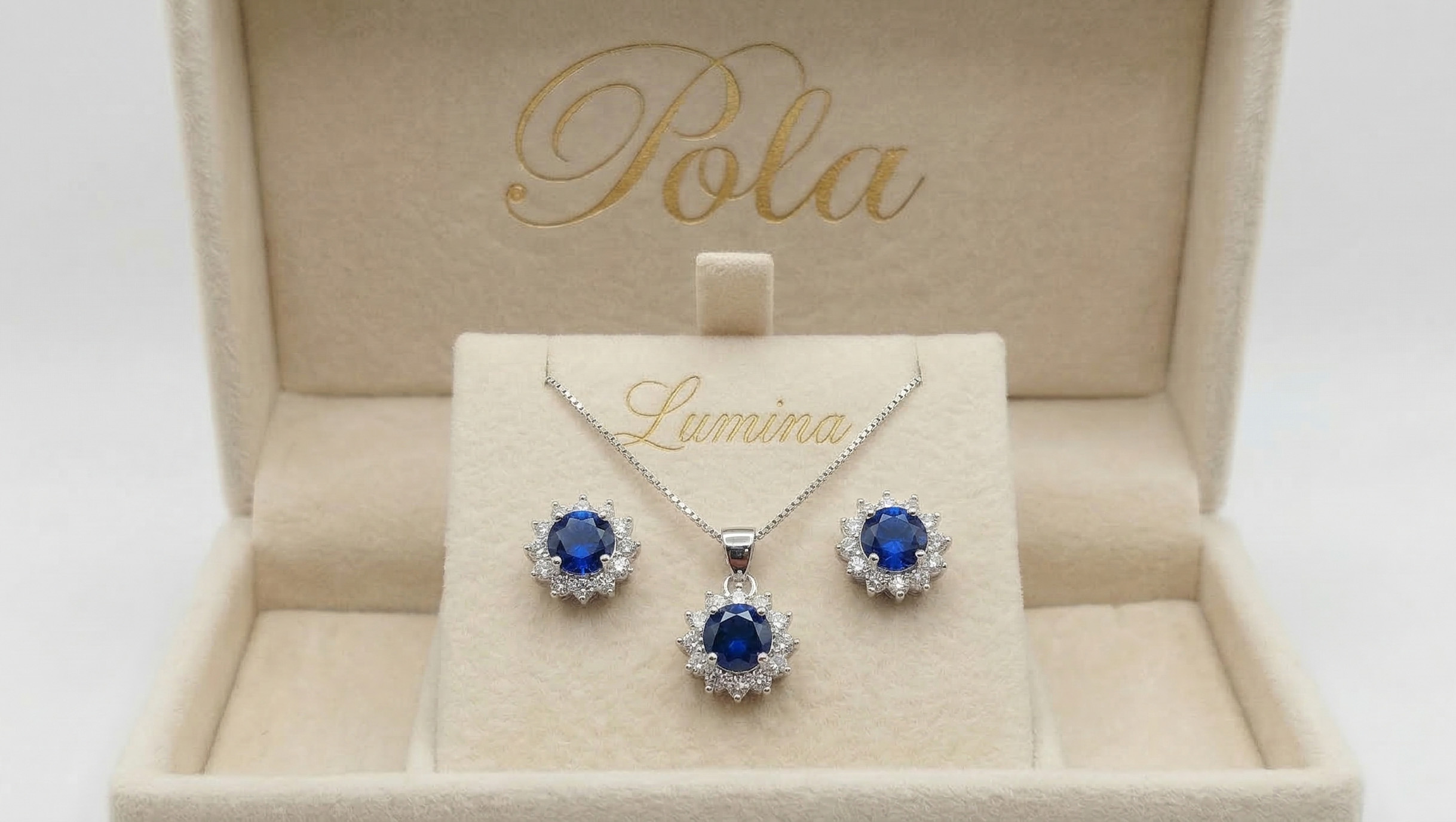 Srebrna biżuteria - zestaw z szafirem laboratoryjnym kolekcja Lumina