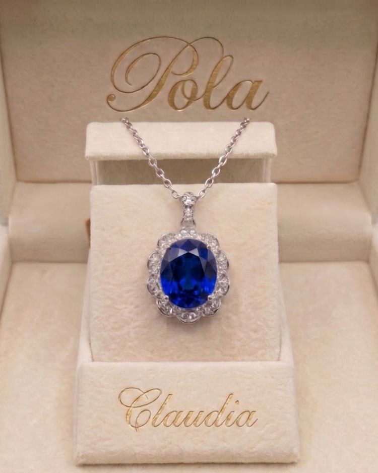 Srebrny wisiorek z szafirem laboratoryjnym w szlifie owalnym - model Claudia
